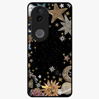 Galactic Jewel Stars Glass Case showing flat back view with sparkling star jewel artwork and glossy glass finish.