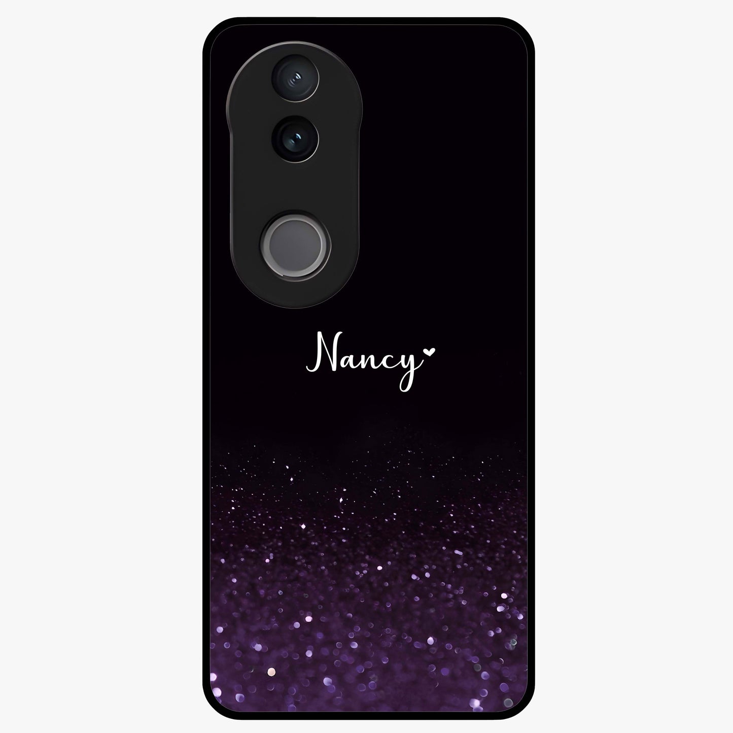 Glittery Purple Bokeh Custom Name Glass Case showing flat back view with purple bokeh sparkle artwork and personalized name design.