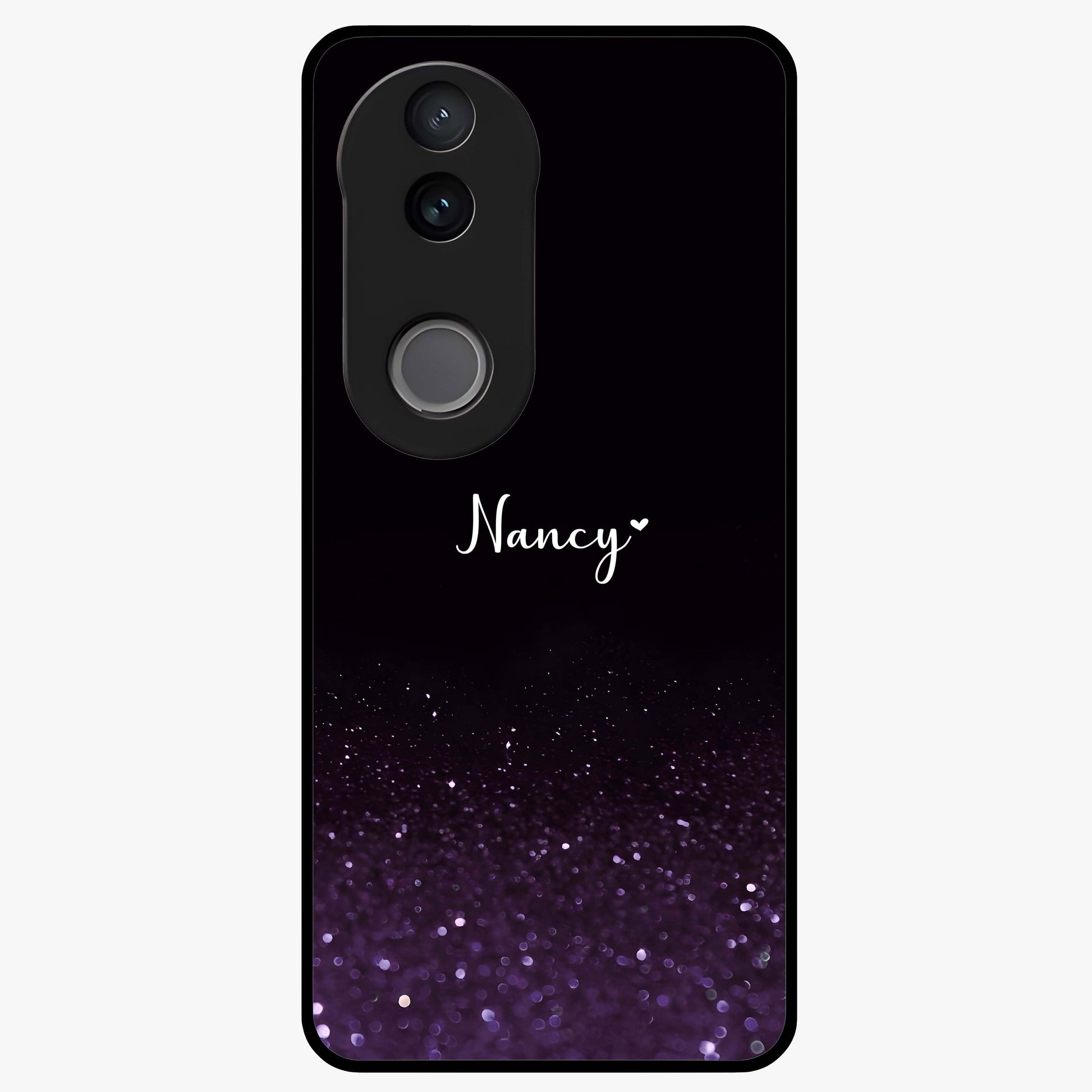Glittery Purple Bokeh Custom Name Glass Case showing flat back view with purple bokeh sparkle artwork and personalized name design.