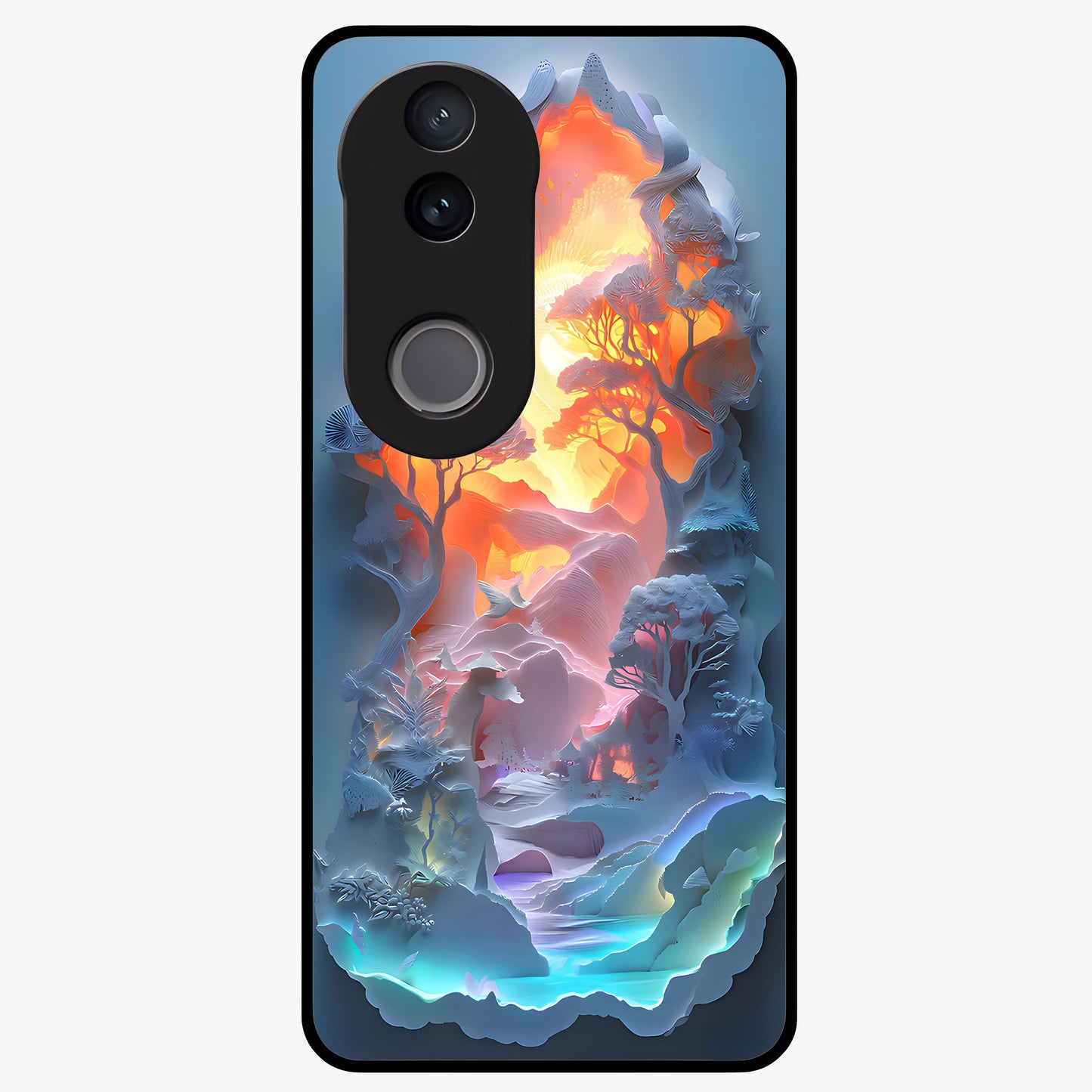 Glow Forest Portal Glass Case showing flat back view with glowing forest portal artwork and glossy glass finish.