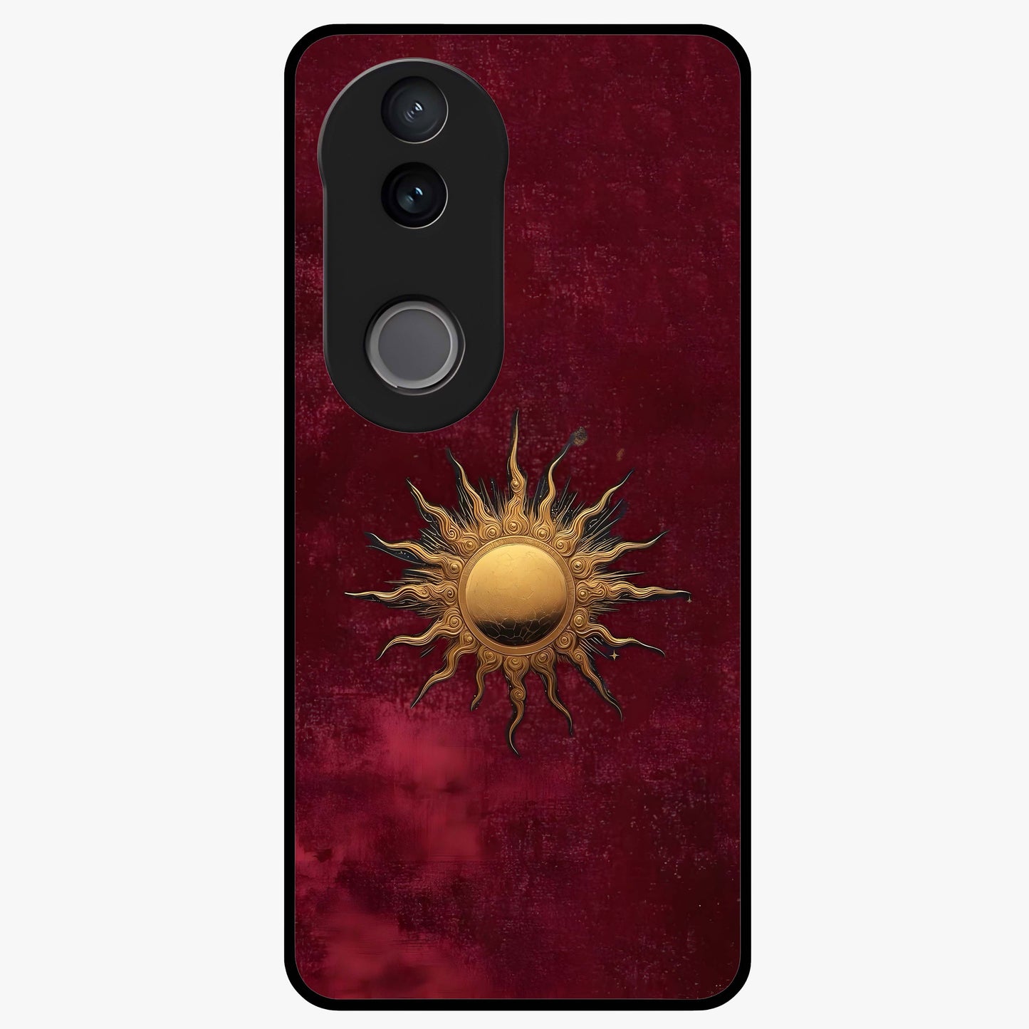 Gold Sun Blush Glass Case showing flat back view with golden sun inspired artwork and glossy glass finish.