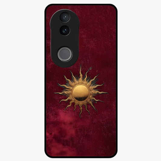 Gold Sun Blush Glass Case showing flat back view with golden sun inspired artwork and glossy glass finish.