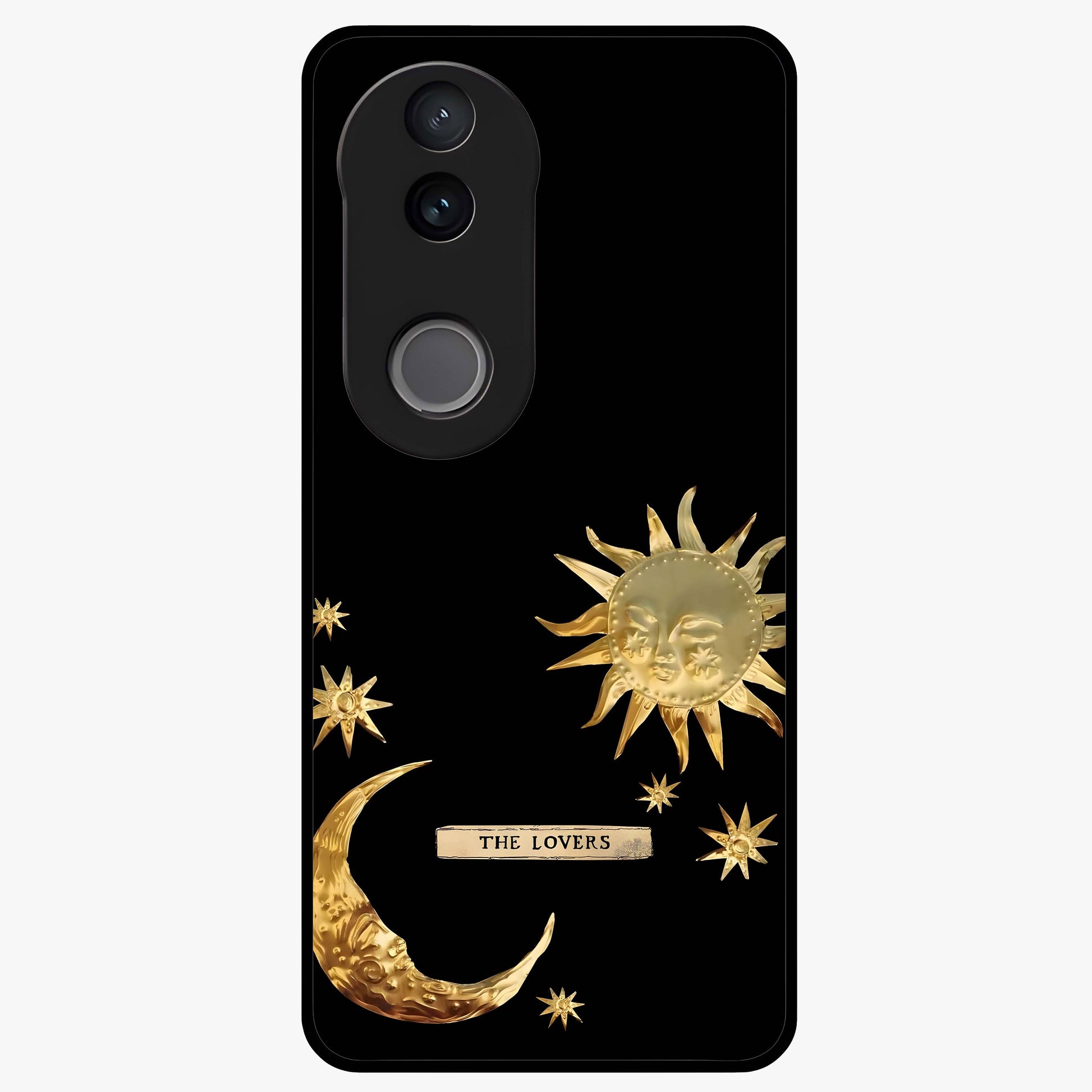 Golden Celestial Charm Glass Case showing flat back view with golden celestial charm artwork and glossy glass finish.