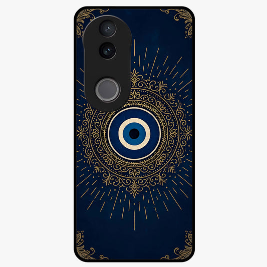 Golden Evil Eye Mandala Glass Case showing flat back view with intricate evil eye mandala artwork and glossy glass finish.