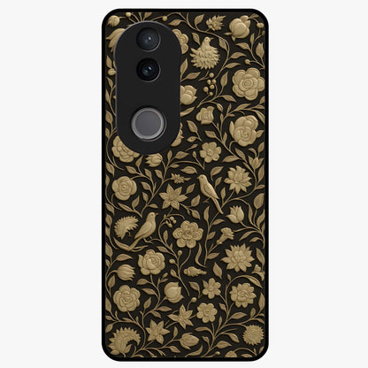 Golden Floral Majesty Glass Case showing flat back view with luxurious golden floral artwork and glossy glass finish.
