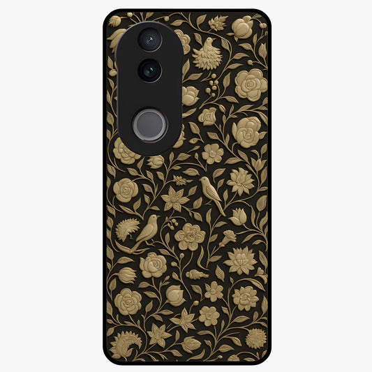 Golden Floral Majesty Glass Case showing flat back view with luxurious golden floral artwork and glossy glass finish.