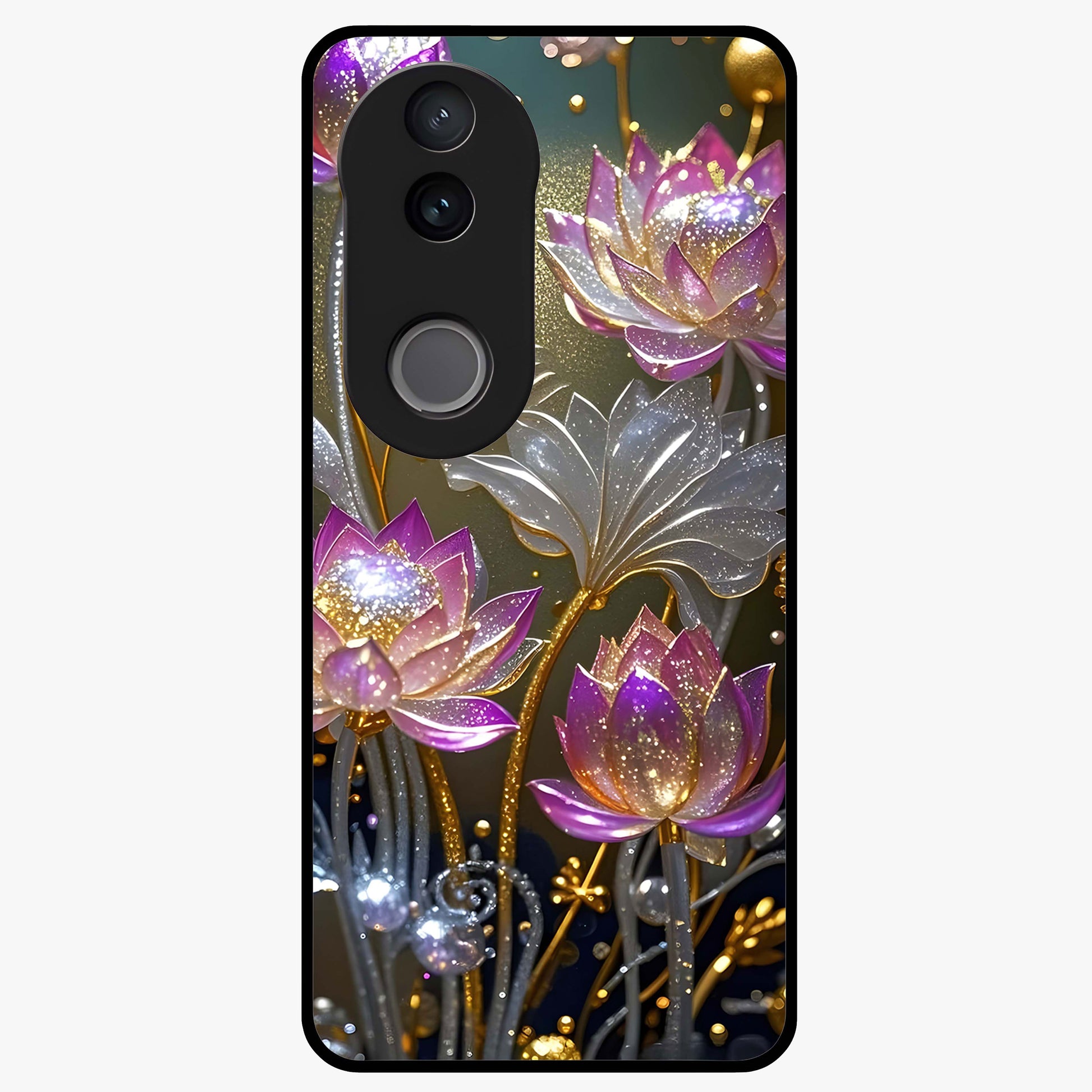 Golden Lotus Glow Glass Case showing flat back view with glowing lotus flower artwork and glossy glass finish.