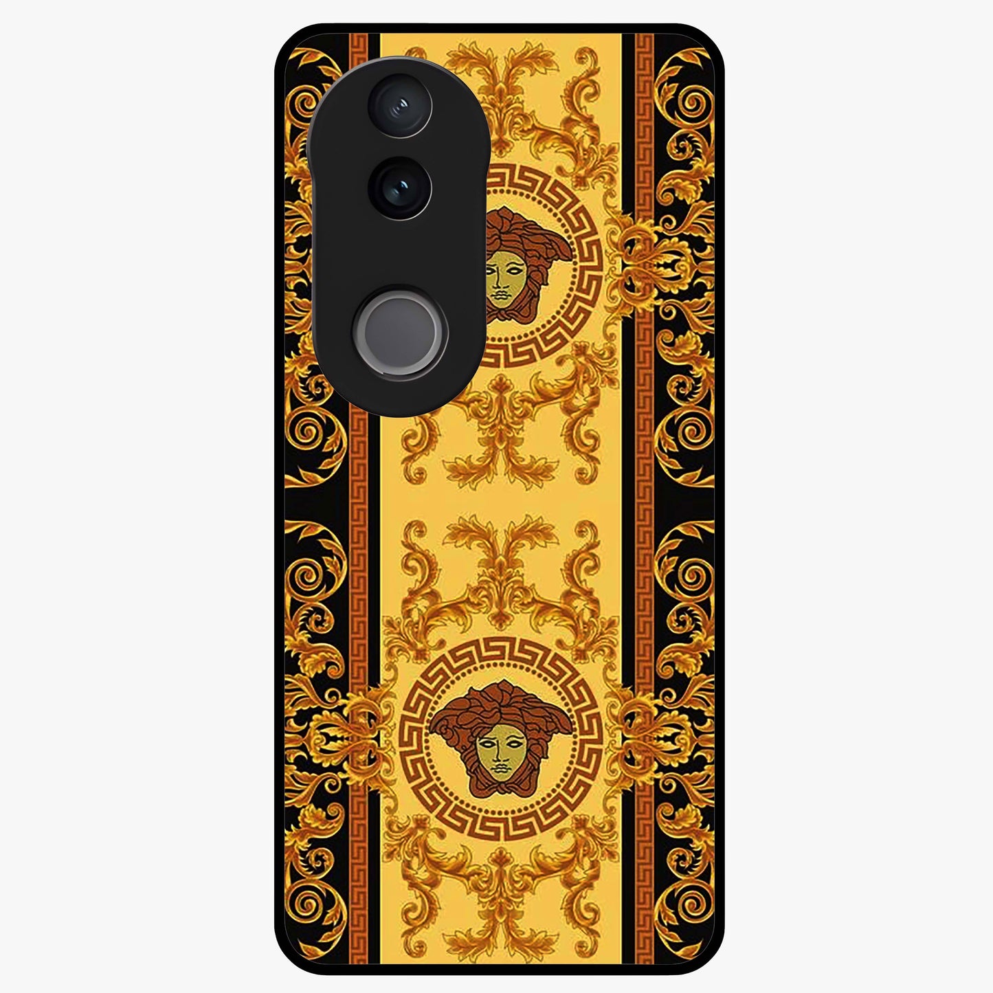 Golden Royal Heritage Glass Case showing flat back view with ornate royal pattern artwork and glossy glass finish.