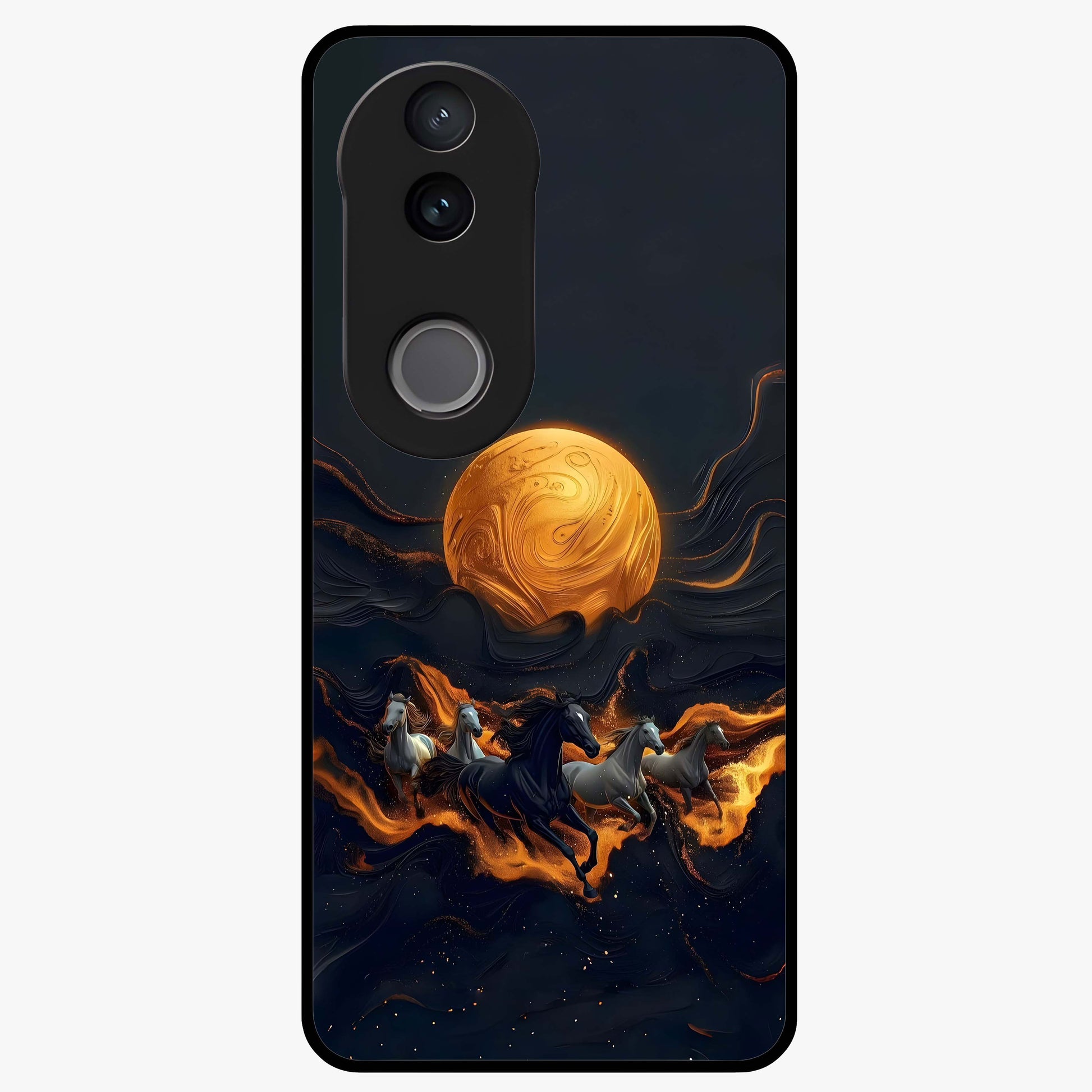 Golden Stallion Moonride Glass Case showing flat back view with majestic horse under moonlight artwork and glossy glass finish.
