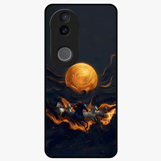 Golden Stallion Moonride Glass Case showing flat back view with majestic horse under moonlight artwork and glossy glass finish.