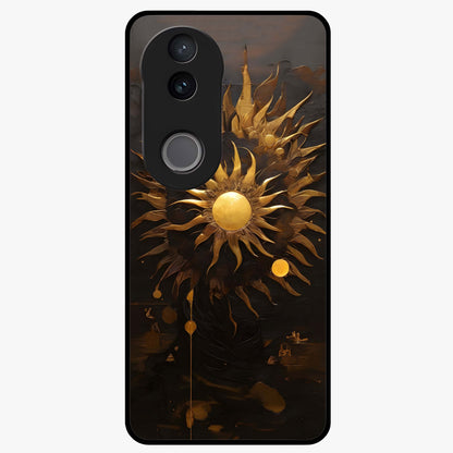 Golden Sun Majesty Glass Case showing flat back view with radiant golden sun artwork and glossy glass finish.