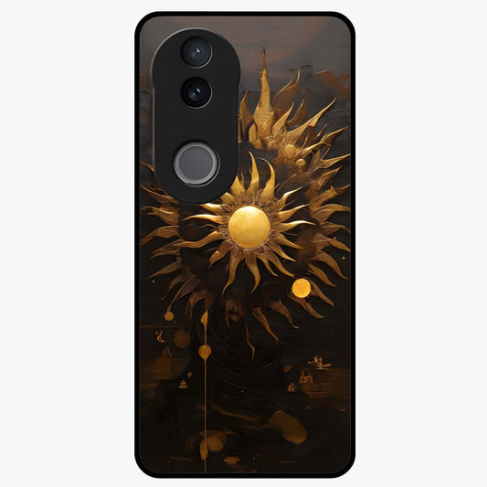 Golden Sun Majesty Glass Case showing flat back view with radiant golden sun artwork and glossy glass finish.