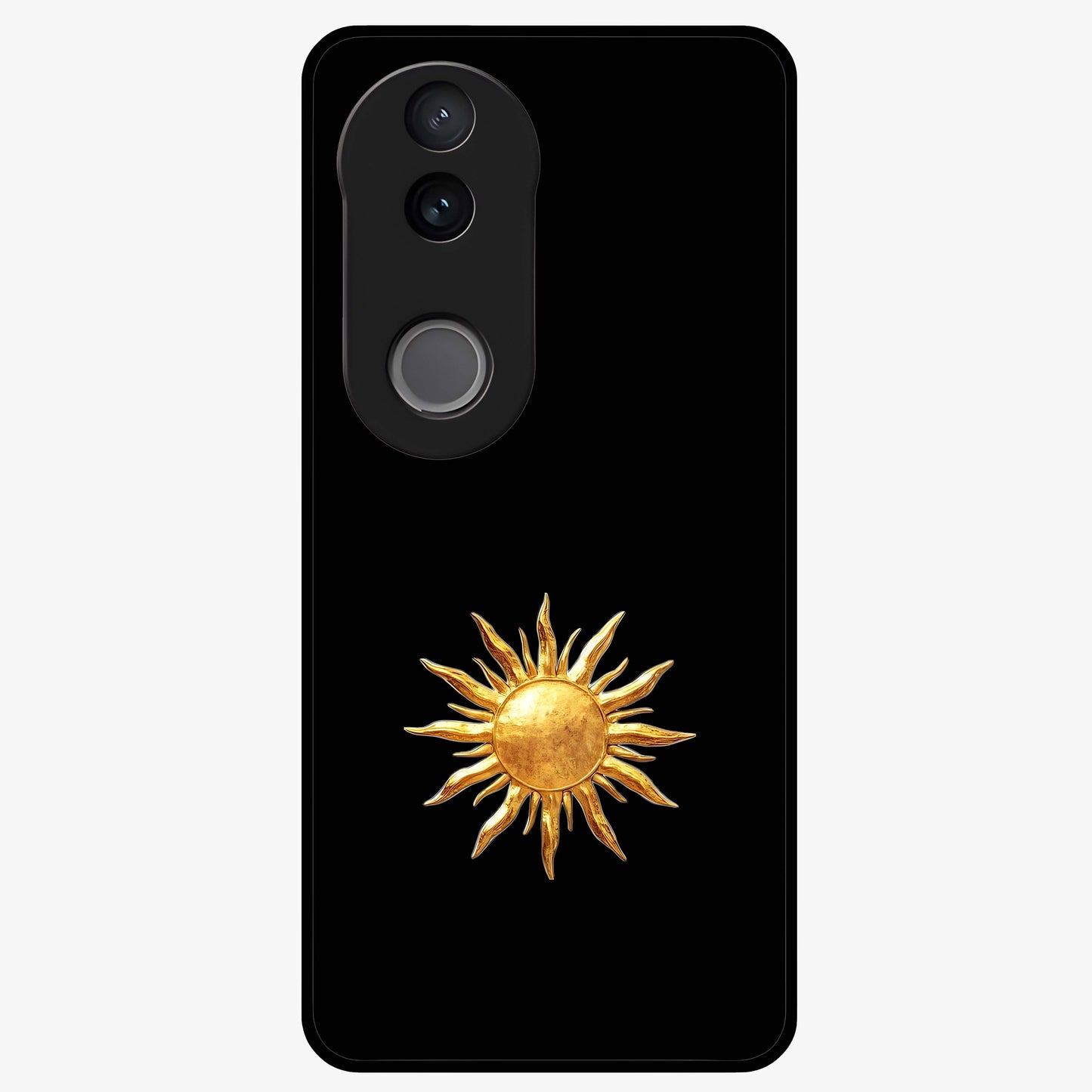 Golden Sun Minimalism Glass Case showing flat back view with minimal golden sun artwork and glossy glass finish.