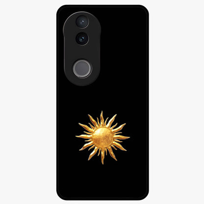 Golden Sun Minimalism Glass Case showing flat back view with minimal golden sun artwork and glossy glass finish.