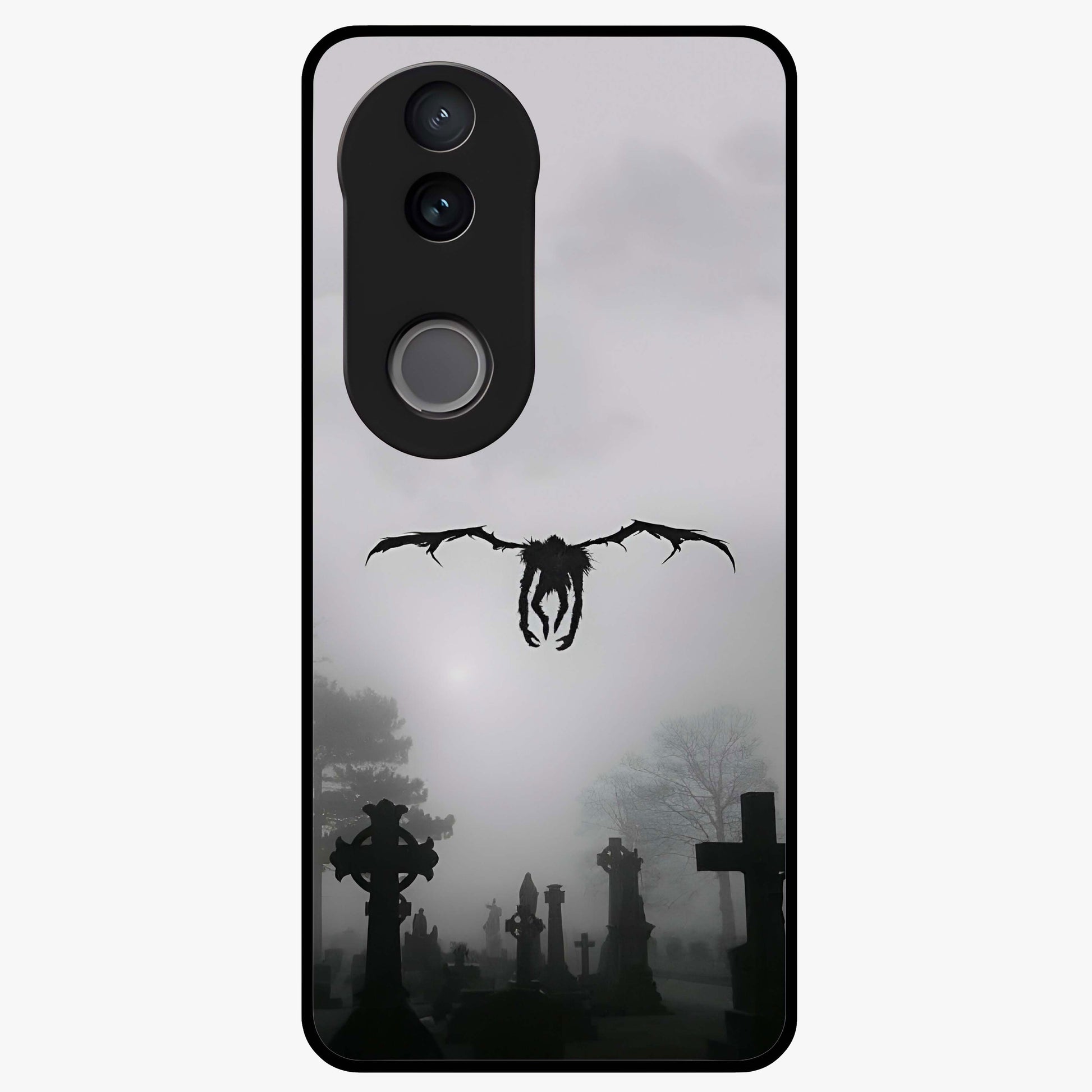 Graveyard Shadow Descent Glass Case showing flat back view with dark graveyard themed artwork and glossy glass finish.