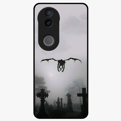 Graveyard Shadow Descent Glass Case showing flat back view with dark graveyard themed artwork and glossy glass finish.