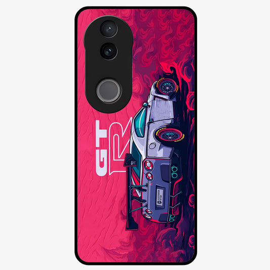GT-R Car Pattern Glass Case showing flat back view with sporty car inspired pattern artwork and glossy glass finish.
