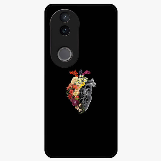 Heart With Flowers Glass Case showing flat back view with heart shaped floral artwork and glossy glass finish.