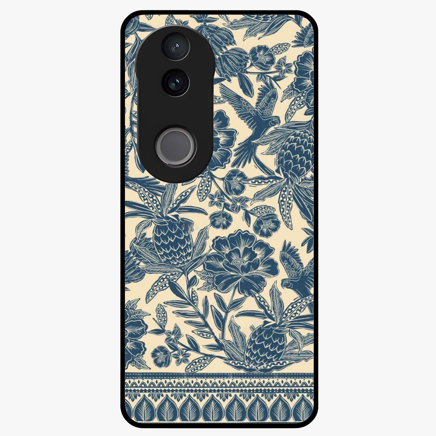 Heirloom Wild Bloom Glass Case showing flat back view with vintage inspired wild flower artwork and glossy glass finish.