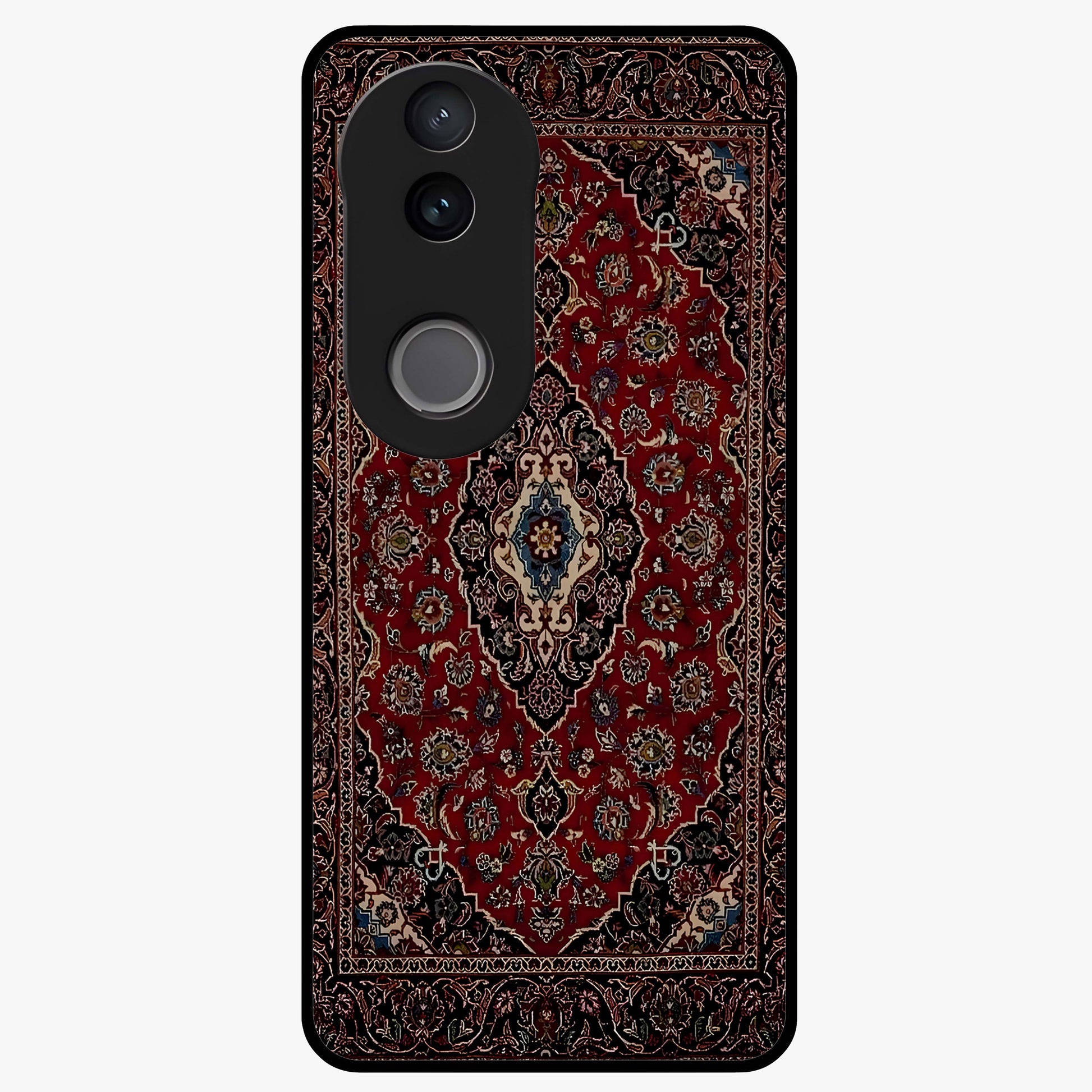 Heritage Carpet Royale Glass Case showing flat back view with ornate Persian carpet inspired pattern and glossy glass finish.