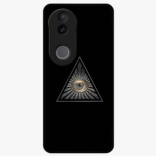 Illuminati Evil Glass Case showing flat back view with mysterious illuminati symbol artwork and glossy glass finish.