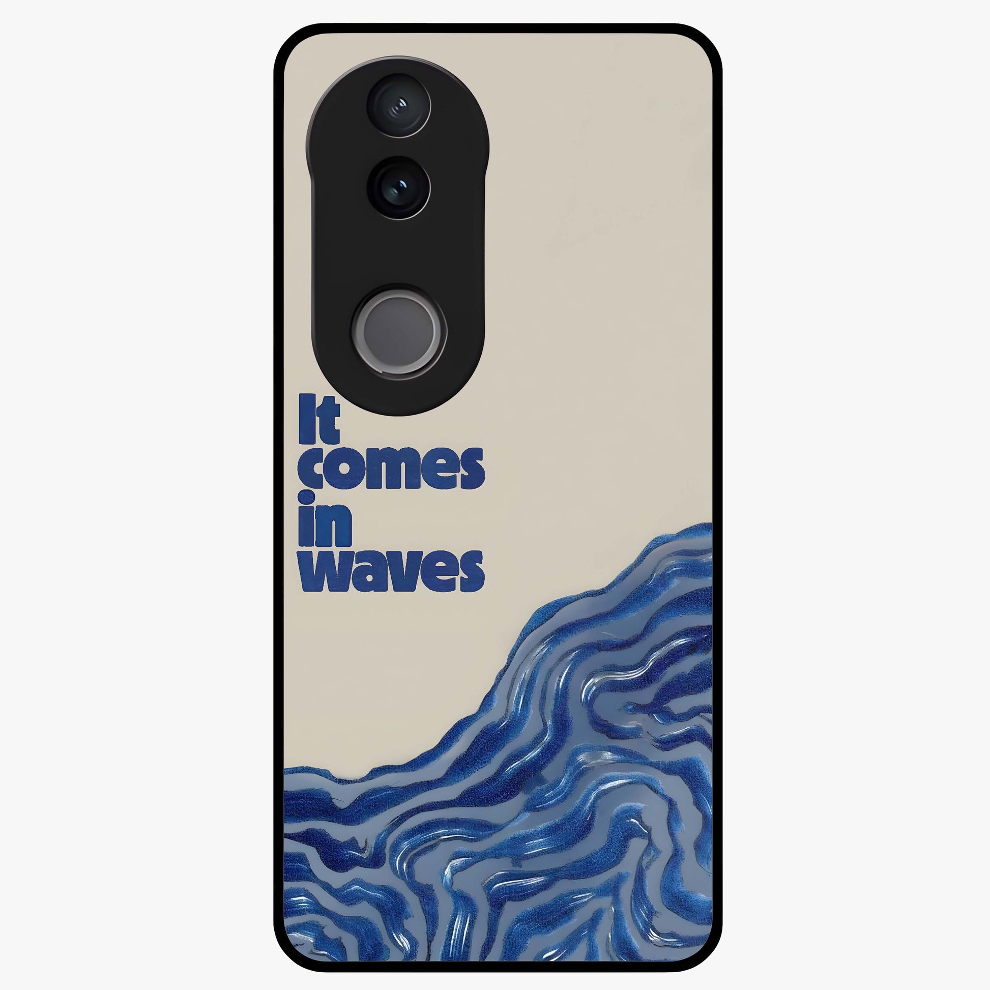 It Comes In Waves Quote Glass Case showing flat back view with inspirational wave themed quote artwork and glossy glass finish.