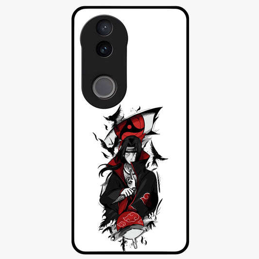 Itachi Sharingan Glass Case showing flat back view with powerful anime eye artwork and glossy glass finish.