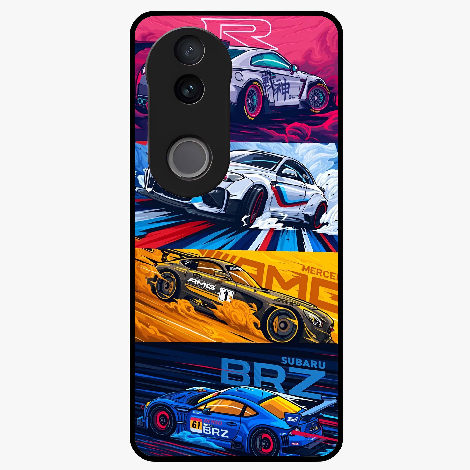 JDM Sports Car Glass Case showing flat back view with high performance sports car artwork and glossy glass finish.