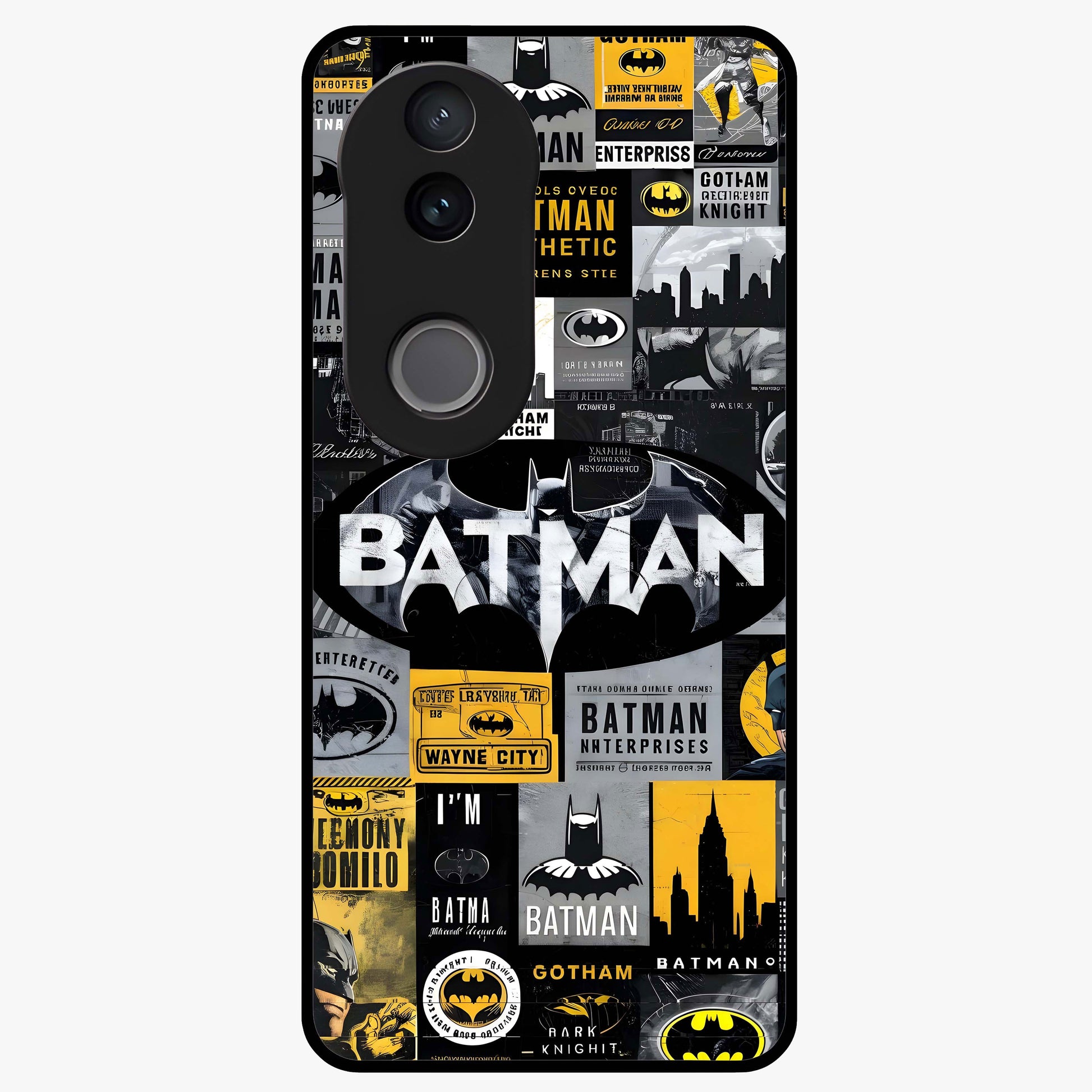 Knight Gotham Rise Glass Case showing flat back view with dark hero inspired artwork and glossy glass finish.
