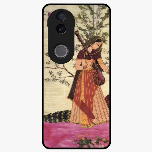 Lady With Veena Art Glass Case showing flat back view with elegant woman playing veena artwork and glossy glass finish.