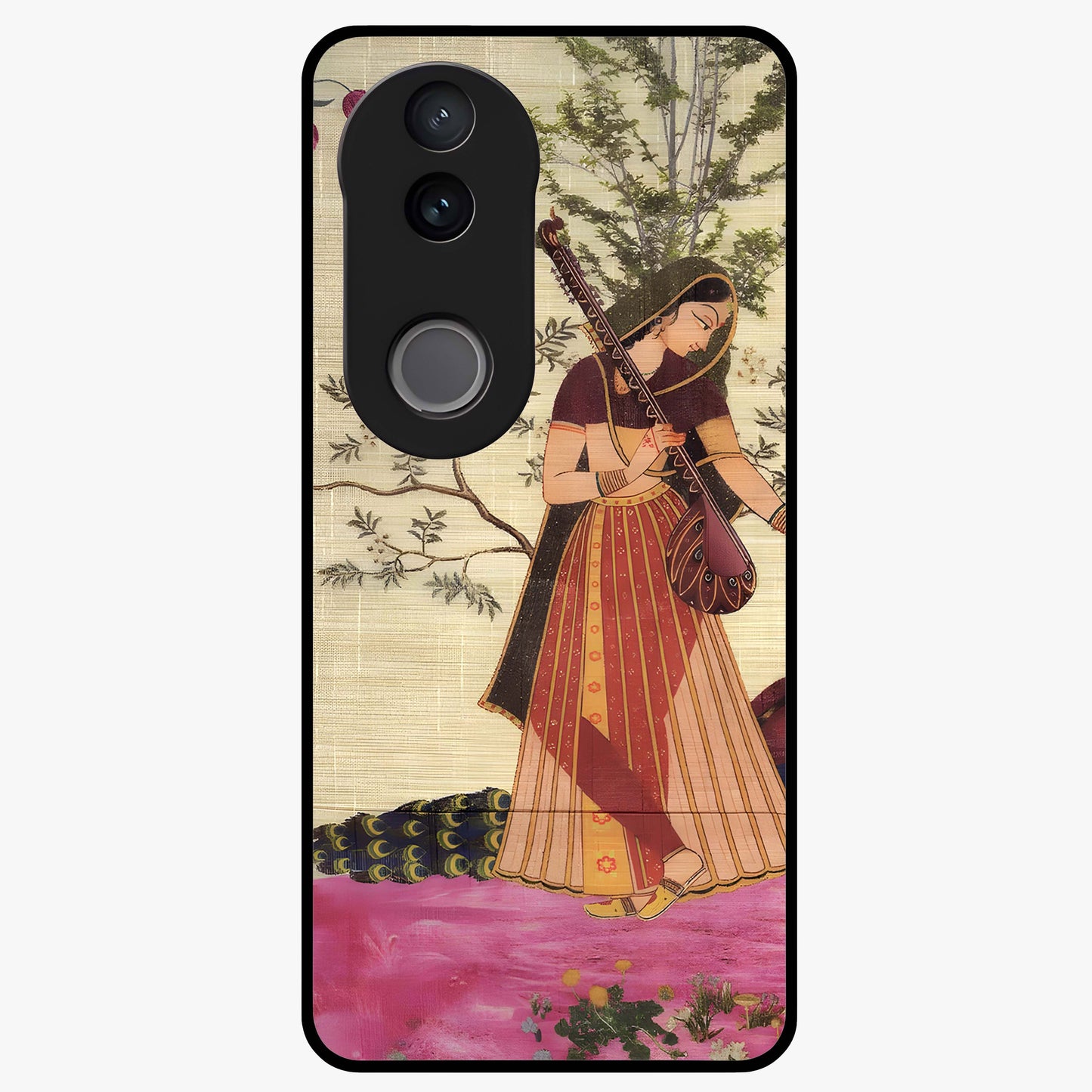 Lady With Veena Art Glass Case showing flat back view with elegant woman playing veena artwork and glossy glass finish.