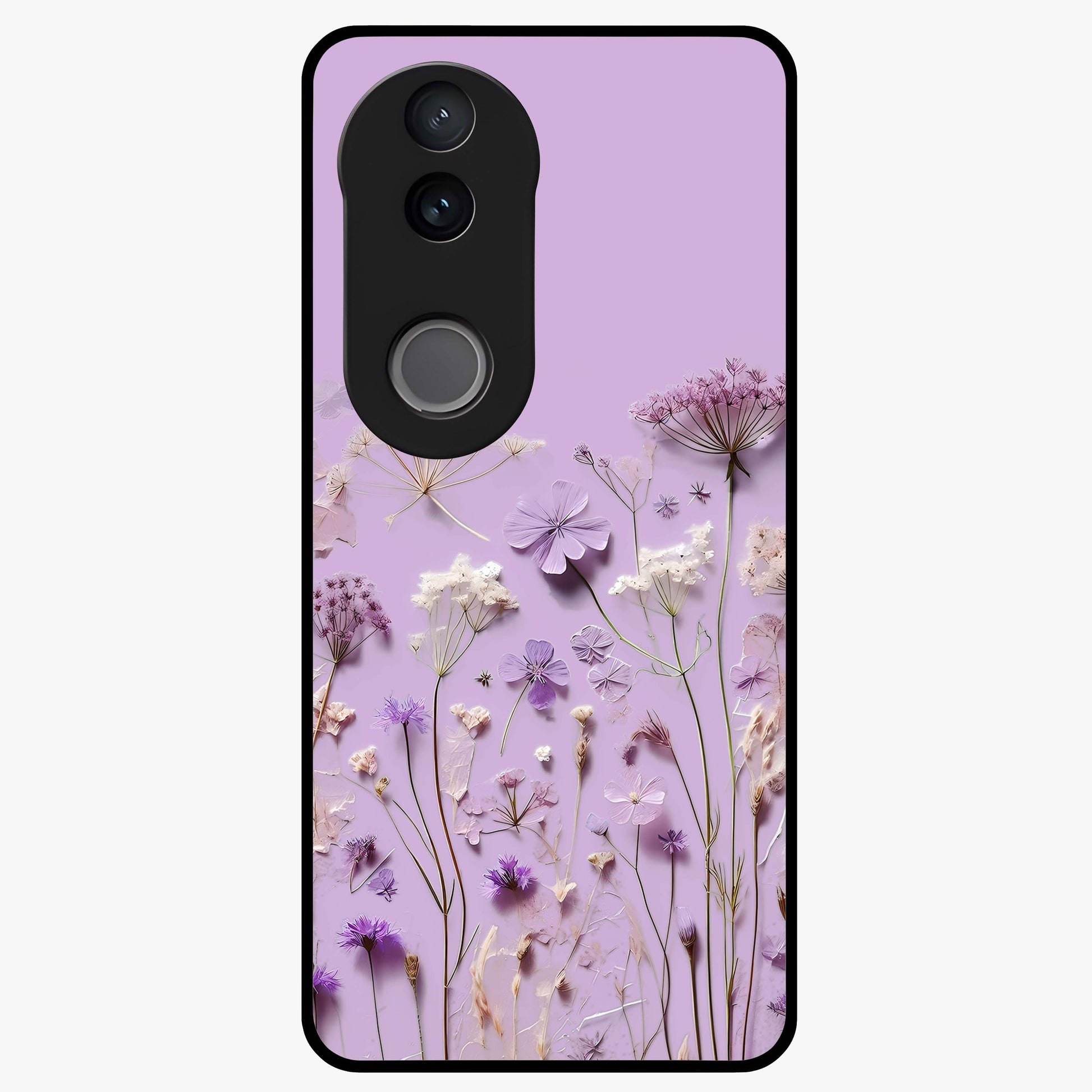 Lavender Blossom Dream Glass Case showing flat back view with soft lavender floral artwork and glossy glass finish.