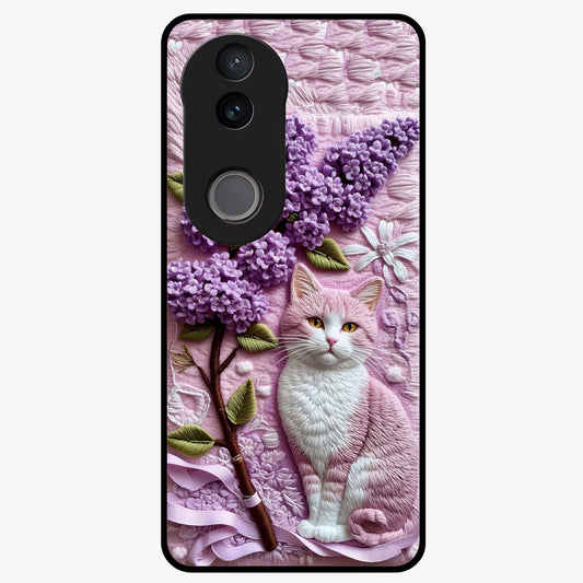 Lavender Cat Whimsy Glass Case showing flat back view with cute lavender cat artwork and glossy glass finish.