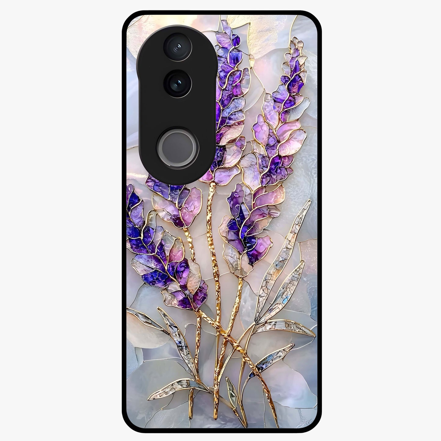 Lavender Dream Glow Glass Case showing flat back view with glowing lavender aesthetic artwork and glossy glass finish.