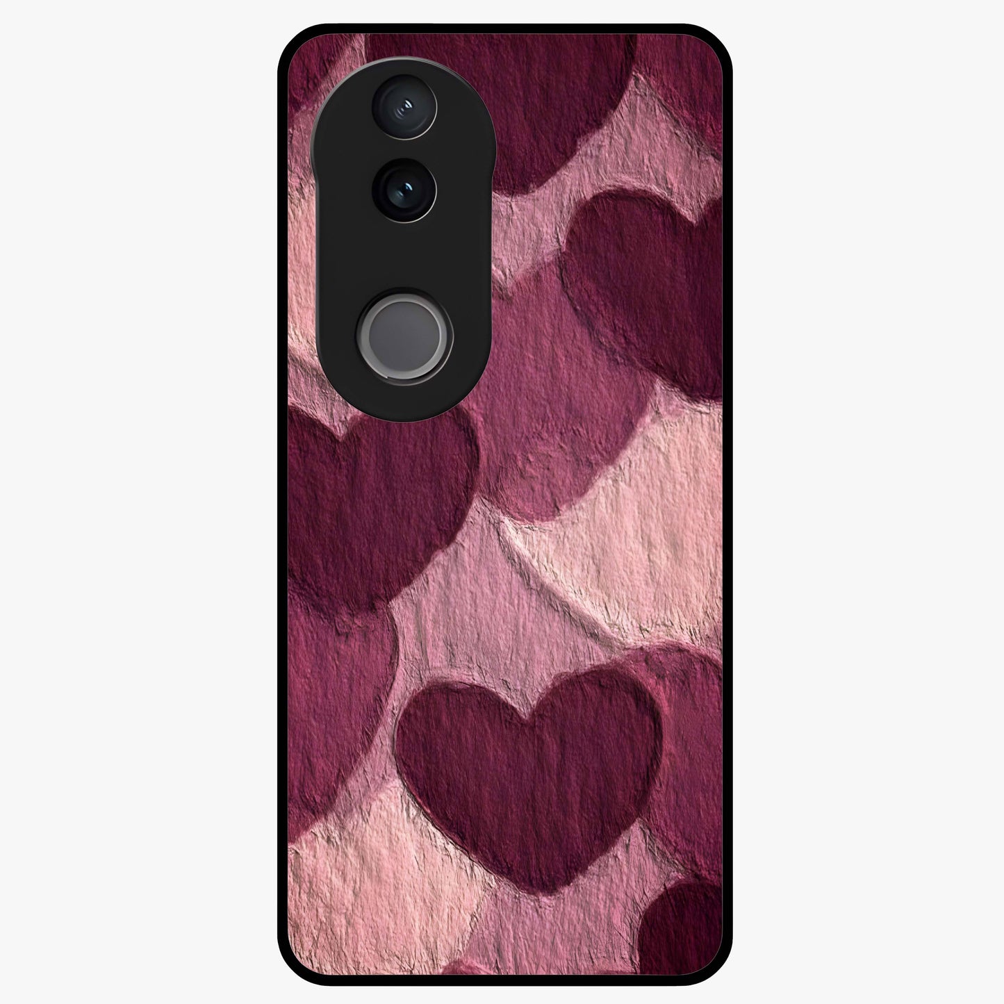 Layered Paper Hearts Glass Case showing flat back view with layered paper heart artwork and glossy glass finish.