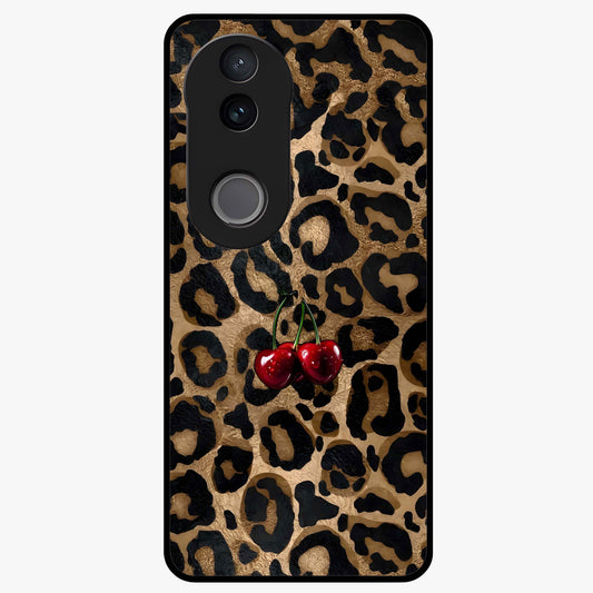 Leopard Wild Cherry Glass Case showing flat back view with leopard pattern and cherry artwork and glossy glass finish.