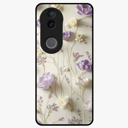 Lilac Breeze Harmony Glass Case showing flat back view with soft lilac themed artwork and glossy glass finish.