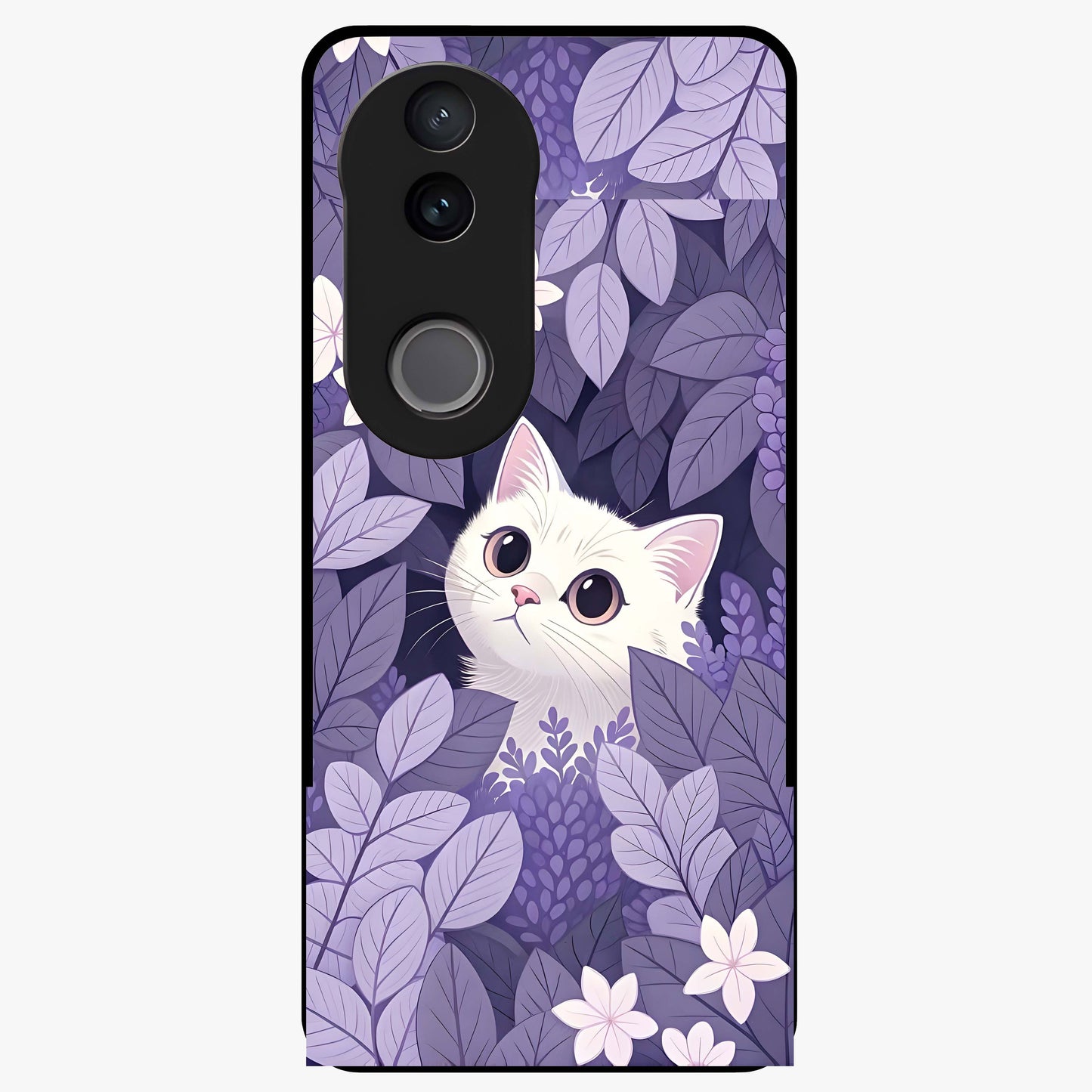 Lilac Hide Peek Cat Glass Case showing flat back view with cute peeking cat artwork and glossy glass finish.