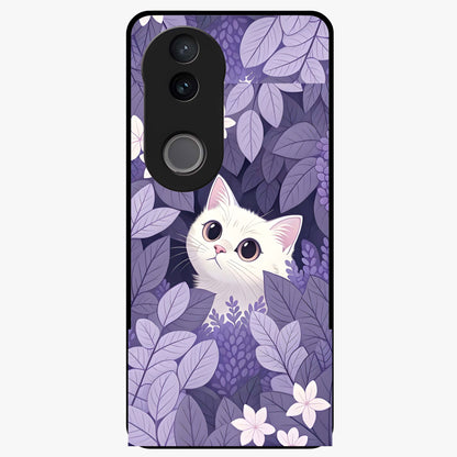 Lilac Hide Peek Cat Glass Case showing flat back view with cute peeking cat artwork and glossy glass finish.