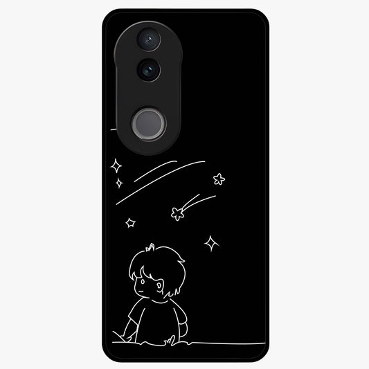 Line Art Boy With Shooting Stars Glass Case showing flat back view with minimal line art boy and shooting stars illustration and glossy glass finish.