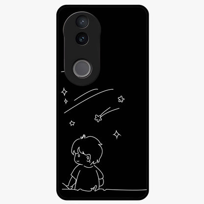 Line Art Boy With Shooting Stars Glass Case showing flat back view with minimal line art boy and shooting stars illustration and glossy glass finish.