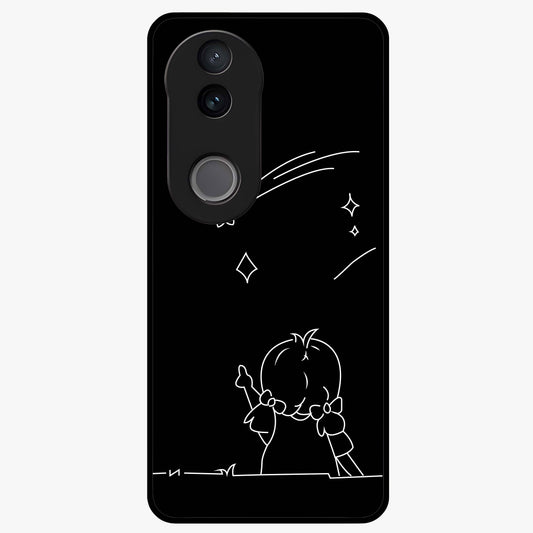 Line Art Girl With Shooting Stars Glass Case showing flat back view with minimal line art girl and shooting stars illustration and glossy glass finish.