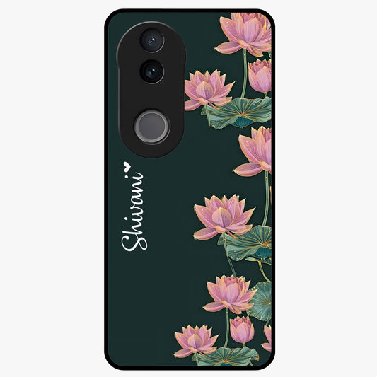 Lotus Bloom Serenity Custom Name Glass Case showing flat back view with elegant lotus flower artwork and personalized name design.