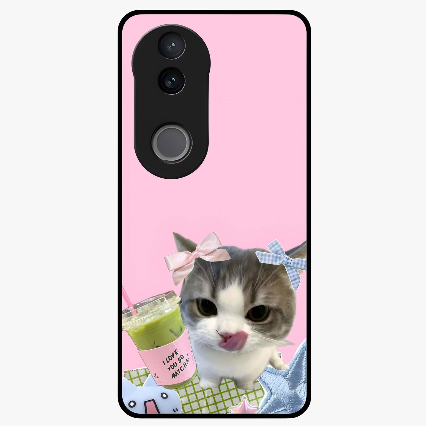 Love Matcha Cat Glass Case showing flat back view with cute cat and matcha themed artwork and glossy glass finish.