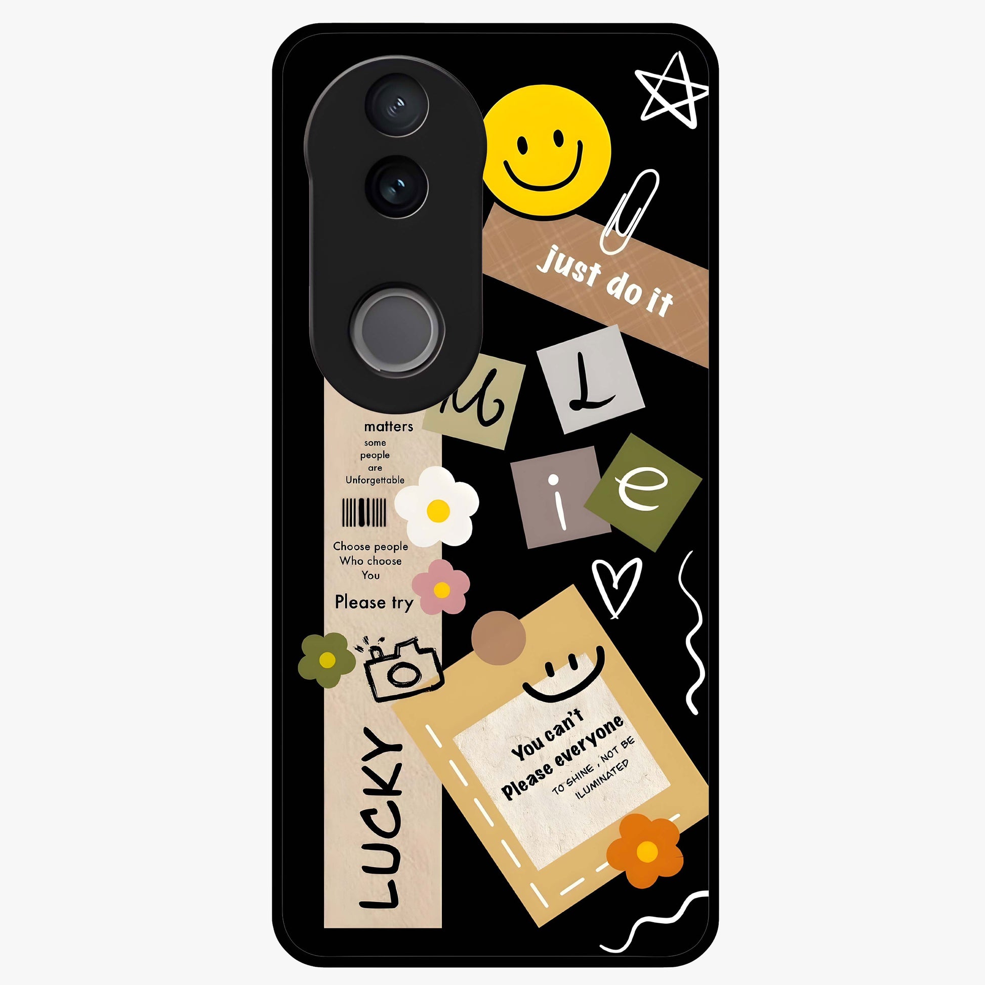 Lucky Aesthetic Collage Glass Case showing flat back view with trendy aesthetic collage artwork and glossy glass finish.