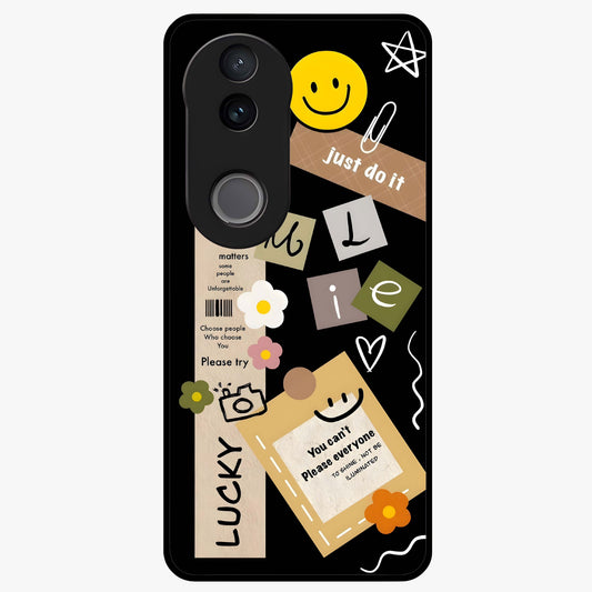 Lucky Aesthetic Collage Glass Case showing flat back view with trendy aesthetic collage artwork and glossy glass finish.