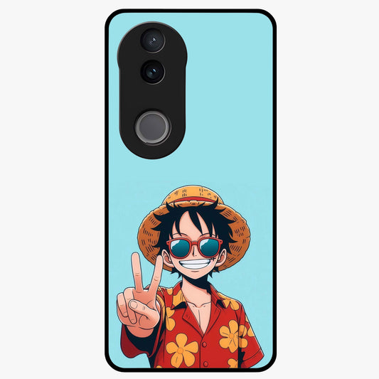 Luffy Summer Anime Vibe Glass Case showing flat back view with vibrant anime character artwork and glossy glass finish.