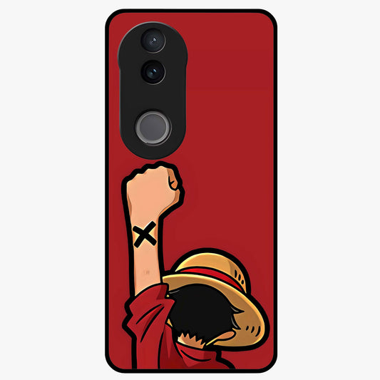 Luffy X Spirit Glass Case showing flat back view with bold anime character artwork and glossy glass finish.