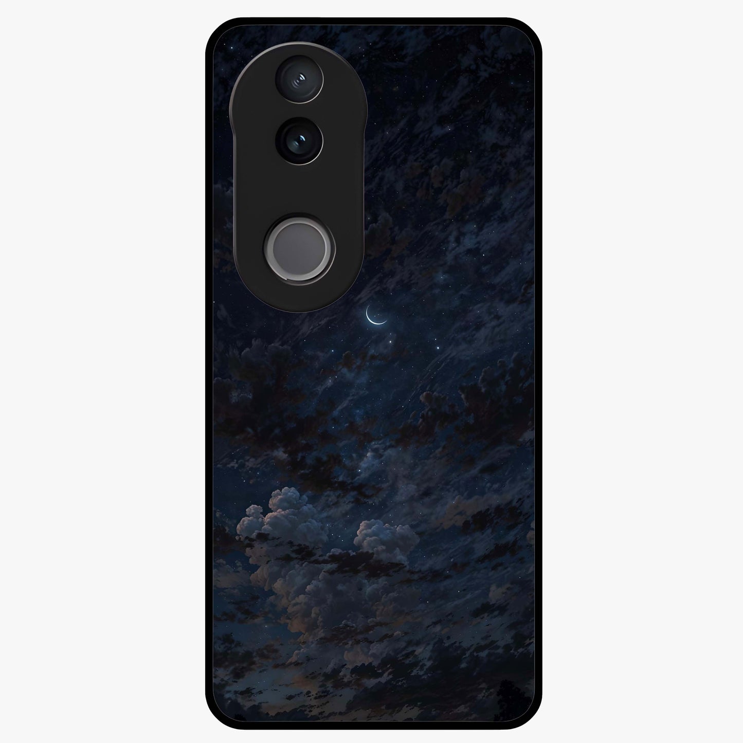 Lunar Veil Silence Glass Case showing flat back view with mystical moon veil artwork and glossy glass finish.