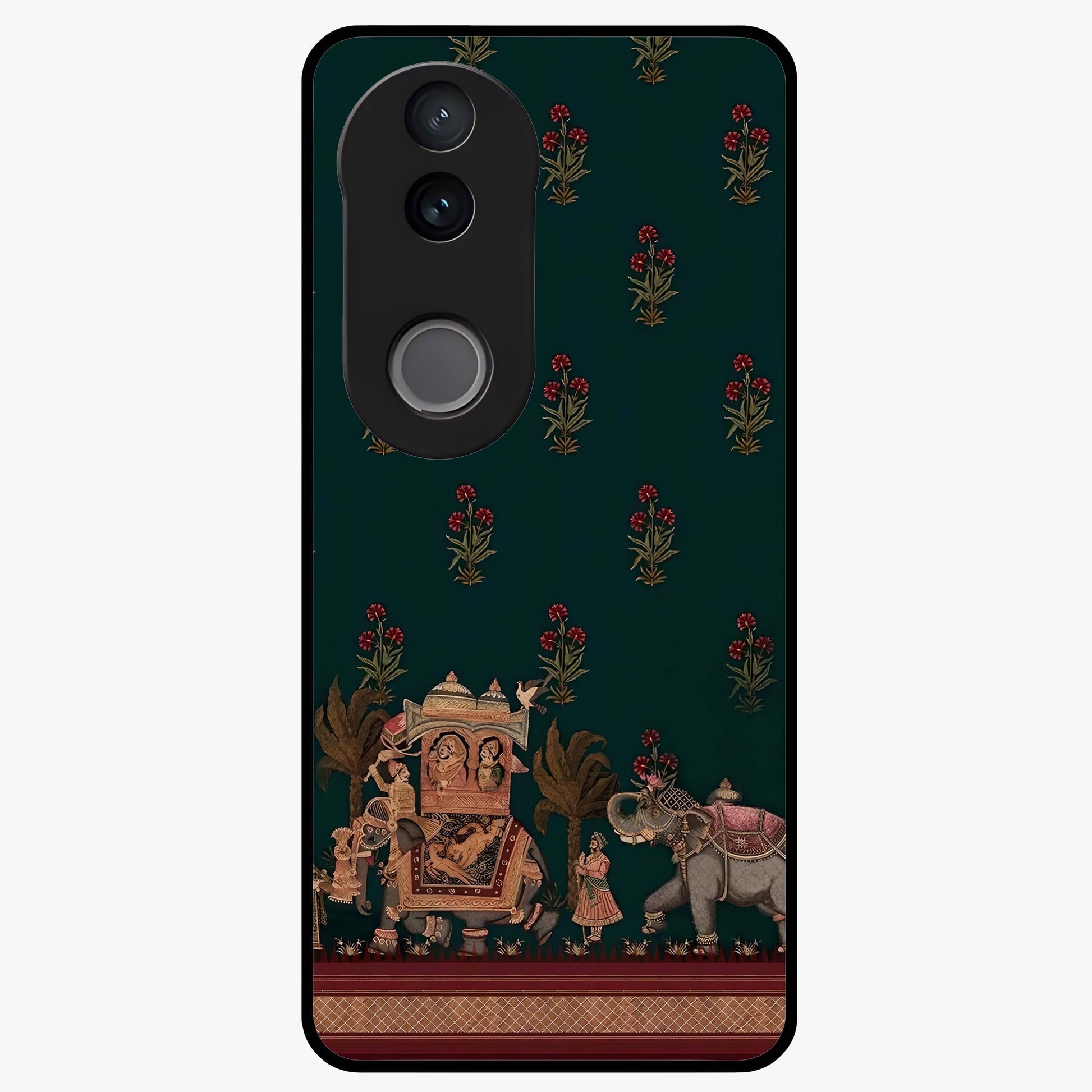 Macmerise Glass Case showing flat back view with stylish modern artwork and glossy glass finish.